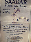 Saagar Indian Take Away menu