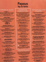 Papous Tap Grille menu