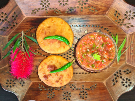 Fried Bharwa Litti -Chokha With Raw Tomato Chutney [Bs]