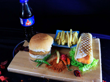 Crispy Vada Pav (2) Crispy Roll (1) Fries (1) 500 Ml Coldrink