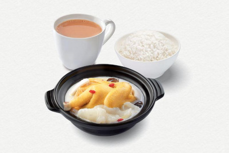 Huā Jiāo Yē Zi Jī Guō Pèi Bái Fàn ‧ Chá Fēi Coconut Soup W Chicken Shredded Fish Maw W Rice ‧ Tea Coffee